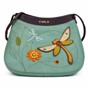 Chala Dragonfly Crossbody Bag Teal Faux Leather Floral Embellished